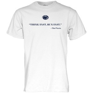 white short sleeve t-shirt Athletic Logo above "Think Fast, Run Fast." - Chad Powers